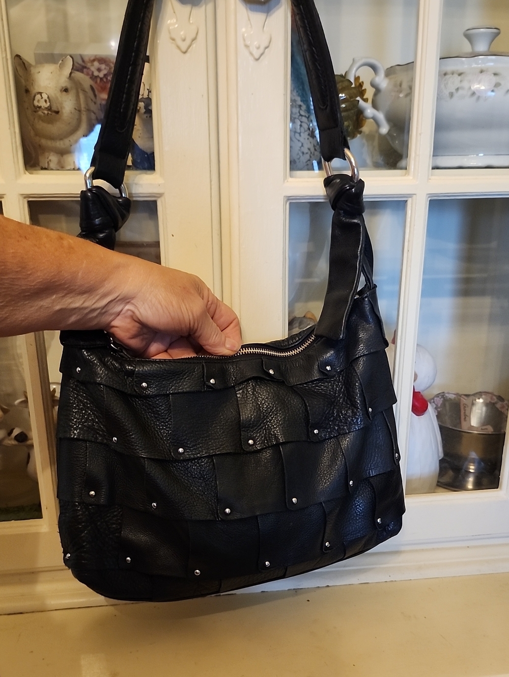 b. makowsky Black Studded Patchwork Shoulder Bag with Knotted Straps
